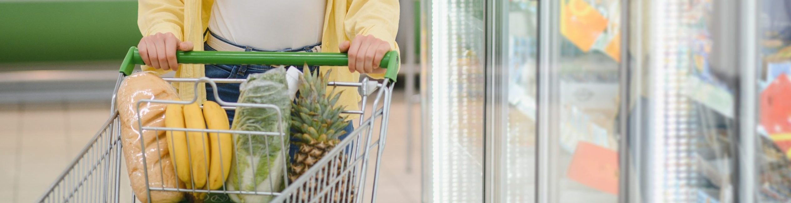 Image of woman pushing a shopping cart in a grocery store refrigeration section